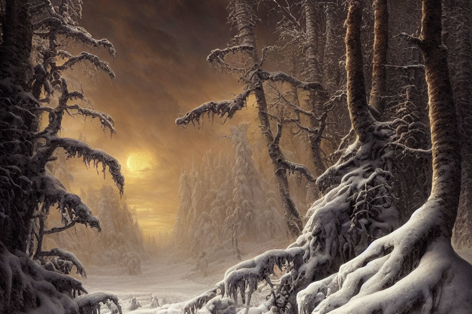 Snowy Sunset Landscape with Snow-Covered Trees