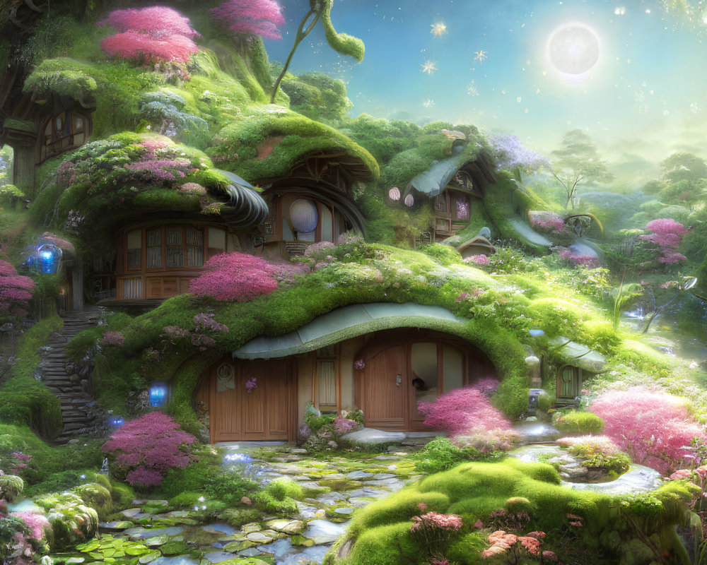 Whimsical hobbit-like houses in lush green landscape