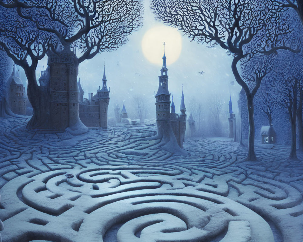 Blue-Toned Landscape with Labyrinth, Castle, and Full Moon