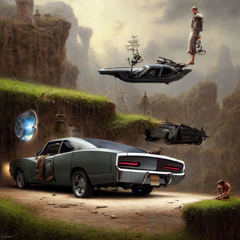 Surreal scene featuring classic car, floating vehicles, levitating man, and child with toy car