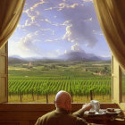 Person in Green Sweater Contemplates Vineyard View at Breakfast Table