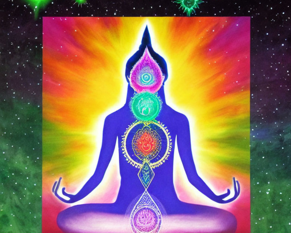 Colorful meditation illustration with aligned chakras in cosmic setting