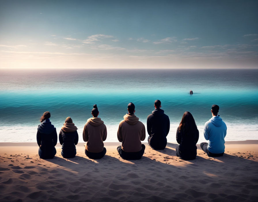 Seven people on sand dune by tranquil ocean with boat in distance