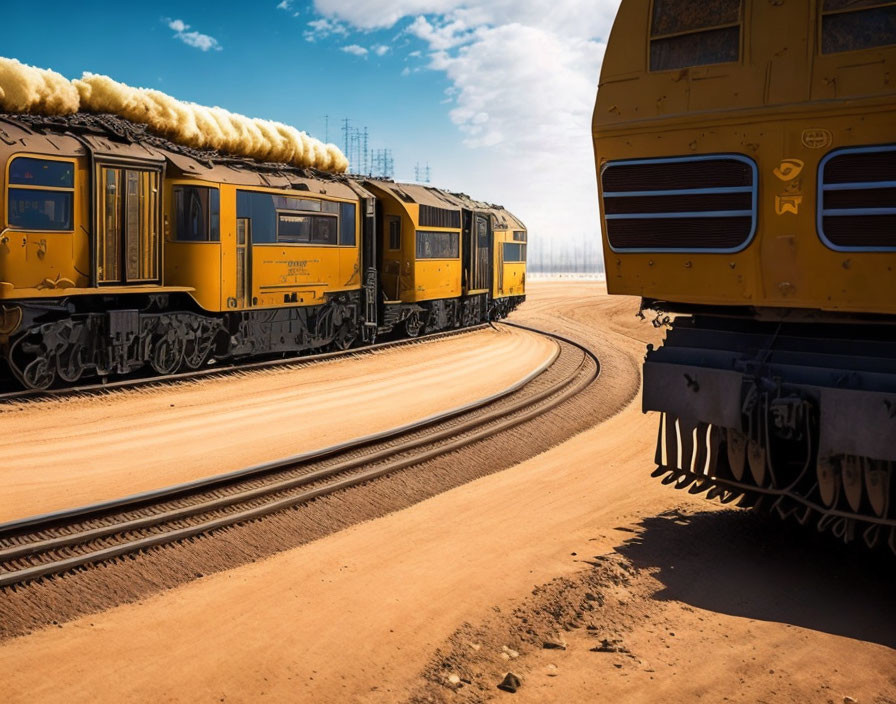 Yellow Diesel Locomotives on Winding Track in Dusty Landscape