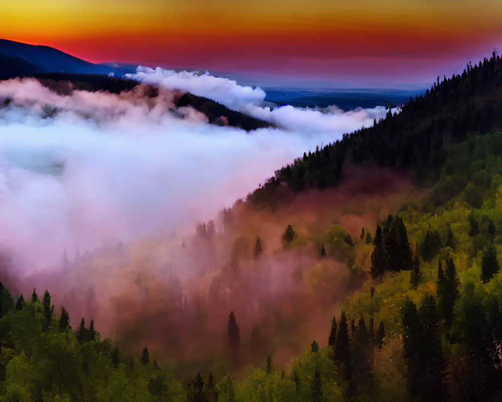 Scenic sunrise over misty forest, hills, and river