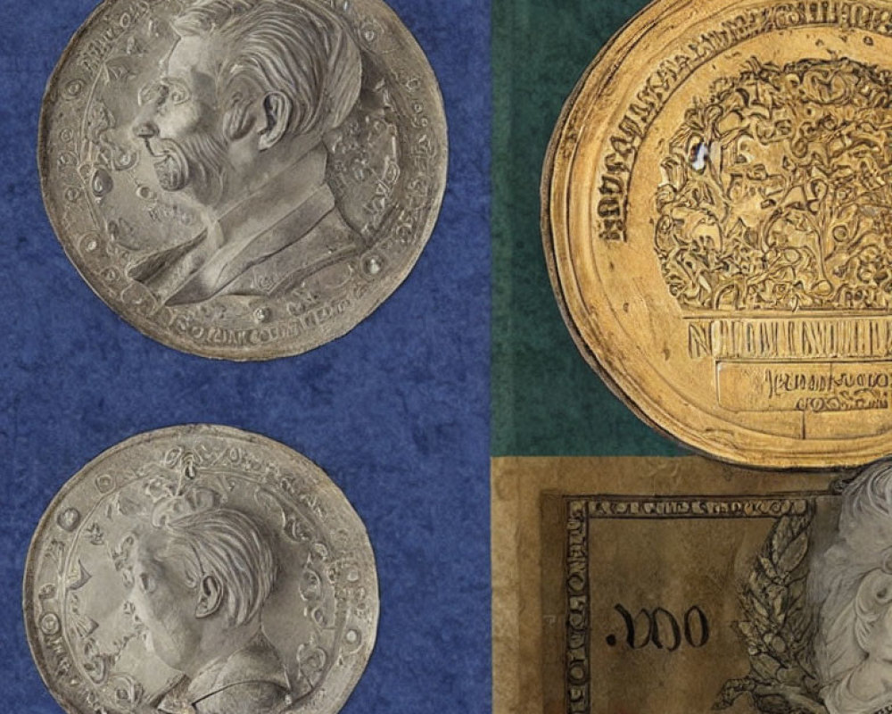 Vintage Coins and Paper Currency Quadrants Display Intricate Designs