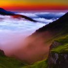 Scenic sunrise over misty forest, hills, and river