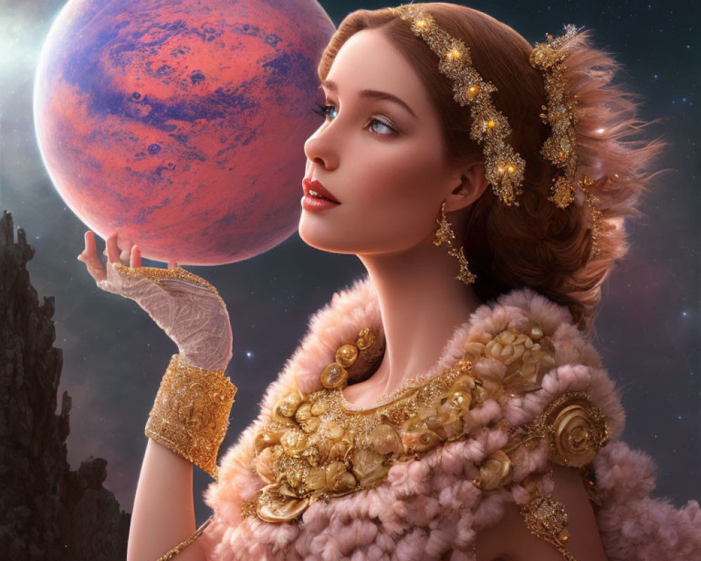 Celestial Scene with Woman and Vibrant Red Planet