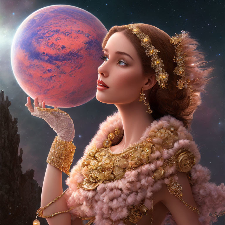 Celestial Scene with Woman and Vibrant Red Planet