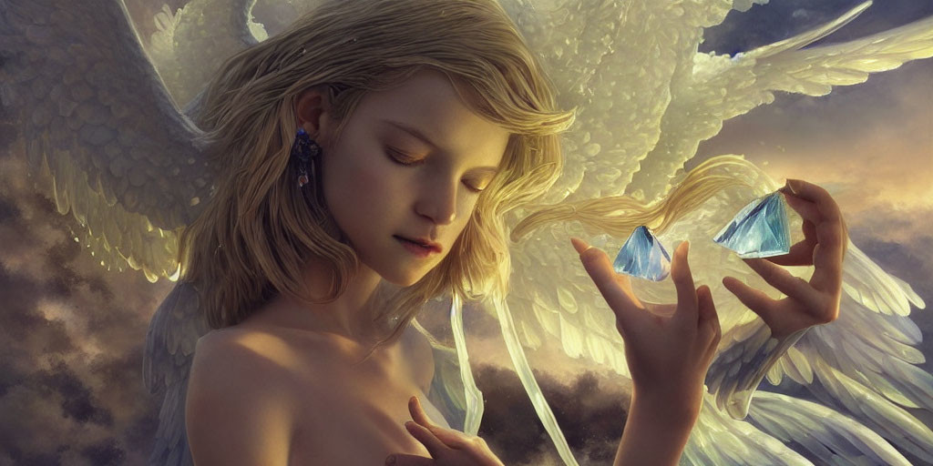 Golden-haired angelic figure holding blue crystal under cloudy sky