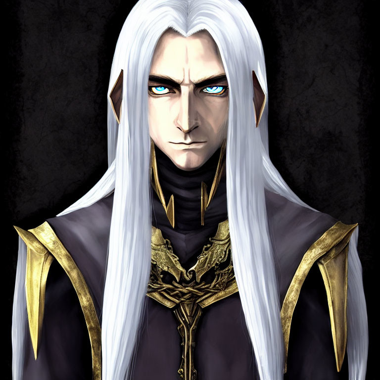 Illustrated character with long white hair and blue eyes in regal attire