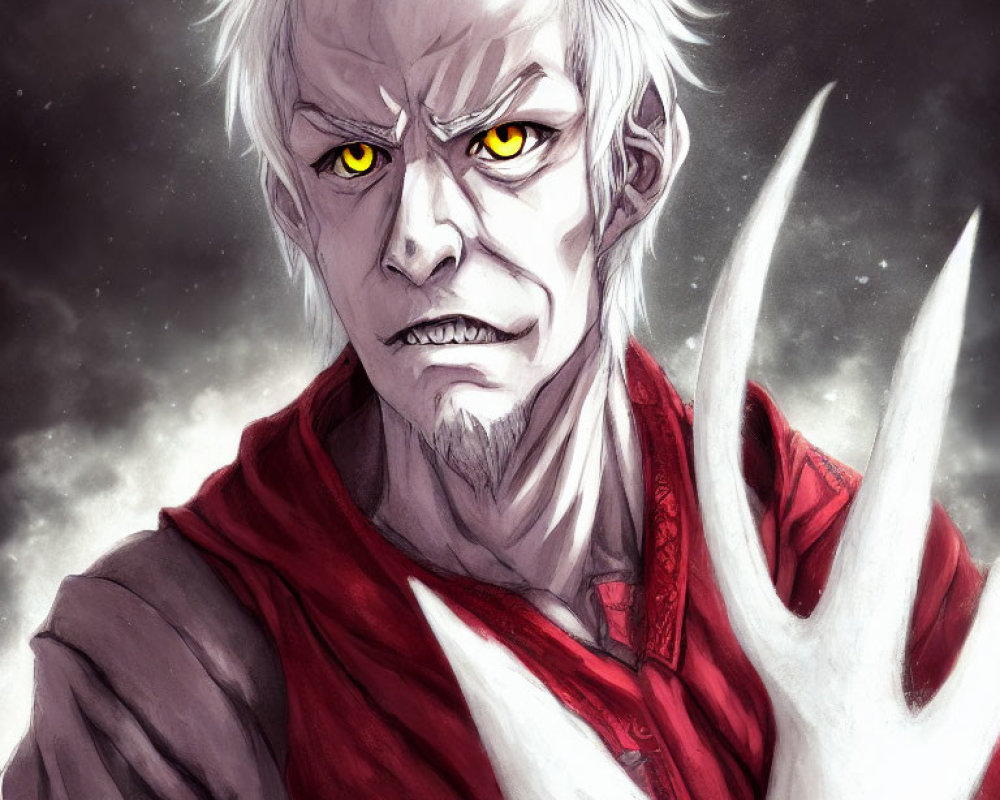 Illustrated character with pale skin, yellow eyes, white hair, fangs, red garment, dark