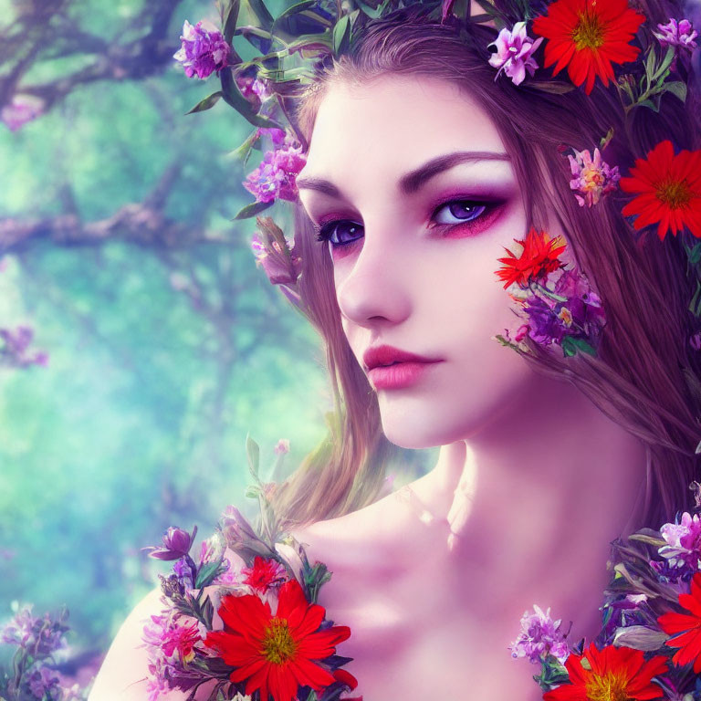 Woman with floral wreath and vibrant makeup in soft-focus natural setting