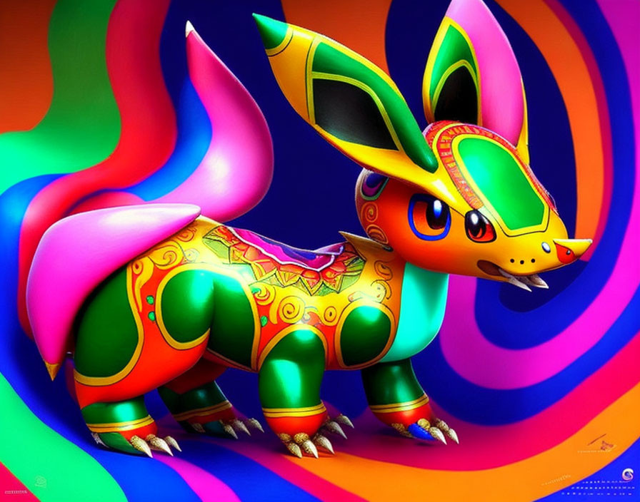 Colorful Mythical Creature Digital Illustration with Rainbow Patterns