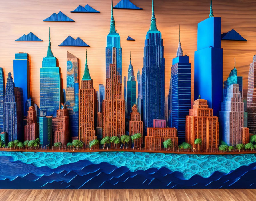 Colorful Cityscape Wall Mural in Blue and Orange Tones