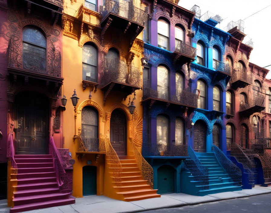 Multicolored Brownstone Buildings with Ornate Stoops at Dusk