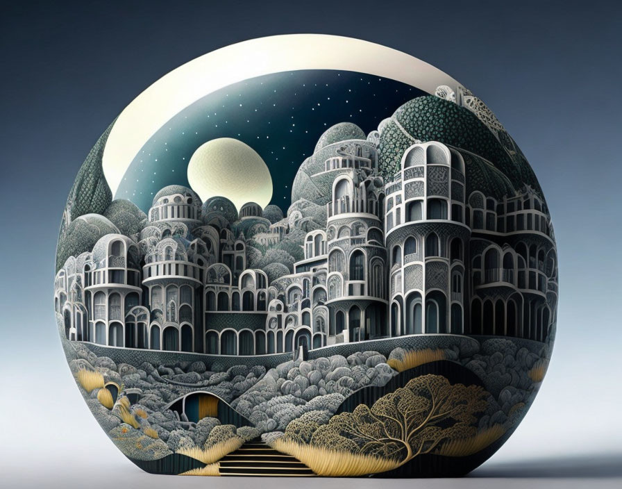 Circular surreal artwork: fantasy landscape with dome-topped buildings, rolling hills, trees, starry night