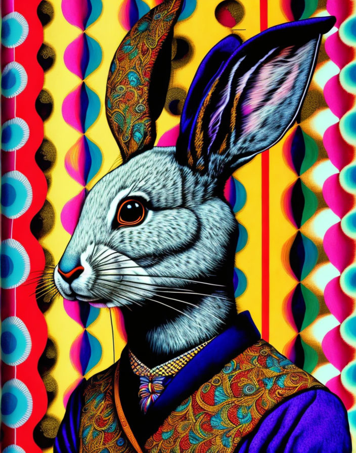 Stylized rabbit in suit on colorful, patterned background.