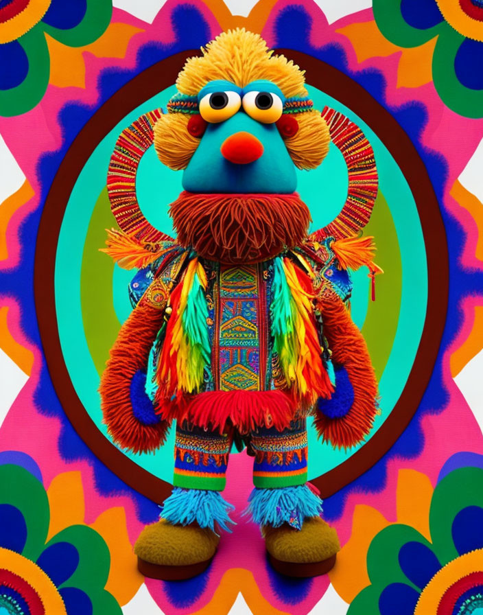 Colorful Puppet with Blue Nose and Orange Feathers on Vibrant Psychedelic Background