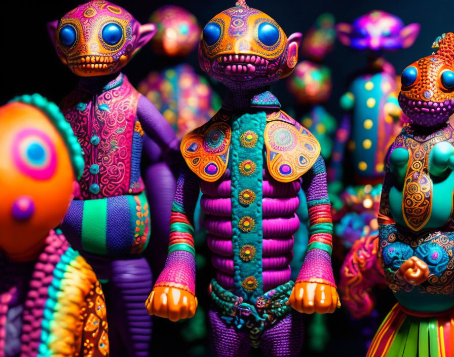 Colorful patterned figurines with round heads on dark background