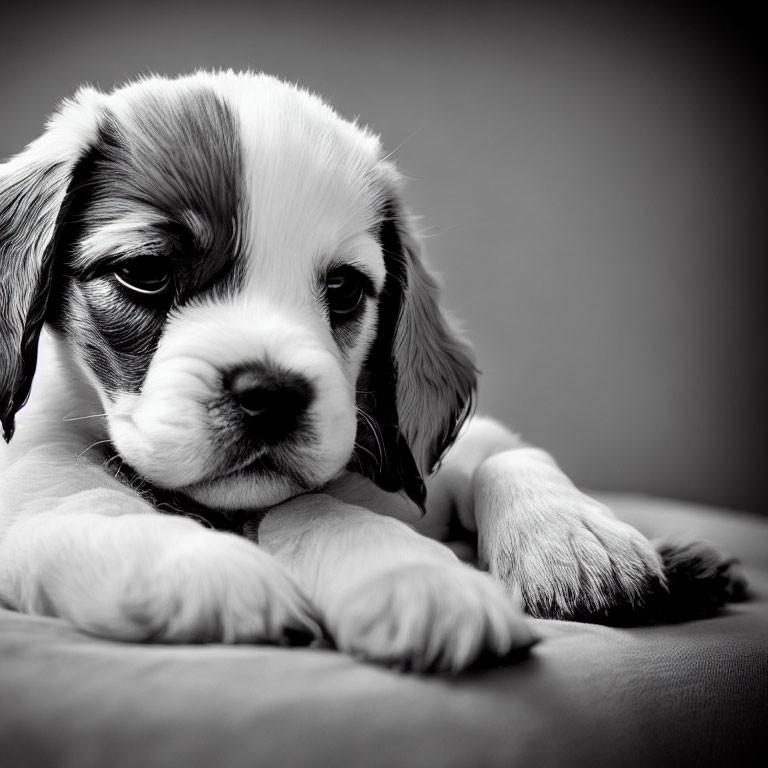 Monochrome picture of sad puppy with floppy ears and droopy eyes