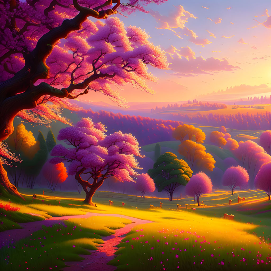 Pink Blossoming Trees and Sunset Glow in Peaceful Landscape