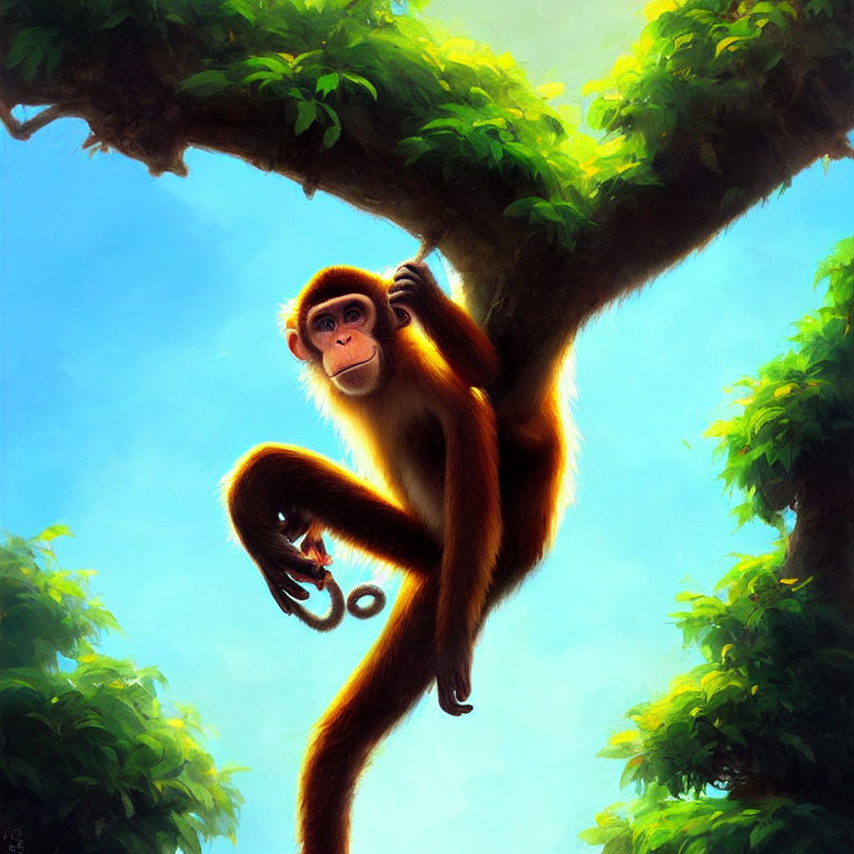 Colorful illustration: Orange monkey on tree branch in sunlight