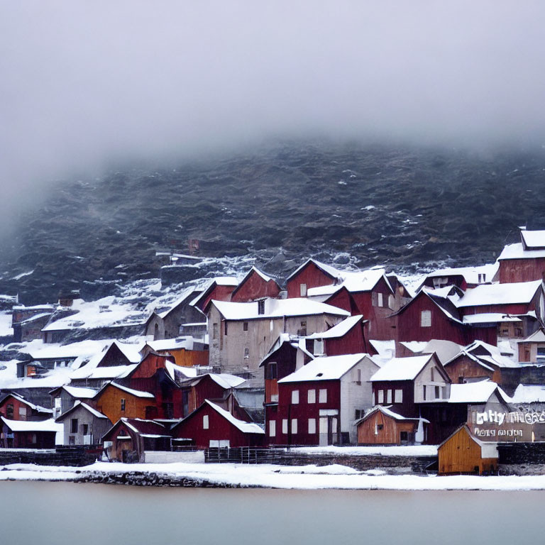 Snowy village with colorful houses near mountain in clouds