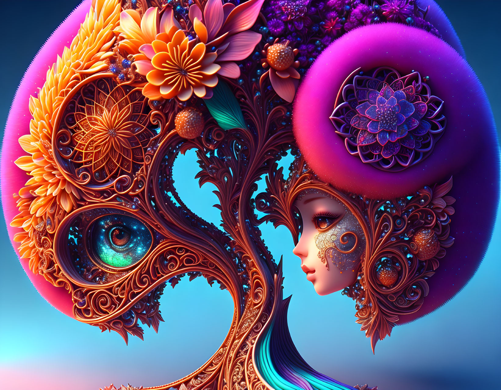 Colorful digital art of woman's profile merging with tree and flowers by stylized eye