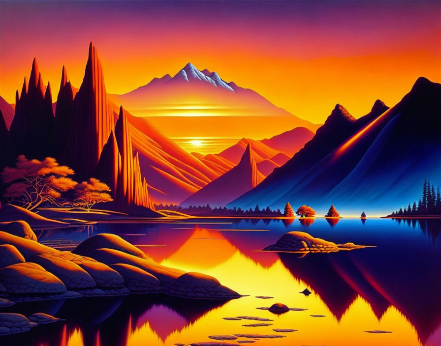 Digital landscape with mountain peaks, lake at sunset, and silhouetted trees