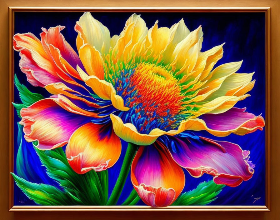 Colorful Flower Painting on Dark Blue Background in Wooden Frame