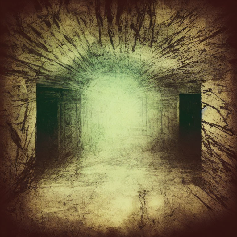 Eerie grunge tunnel with dark doorways and bright light