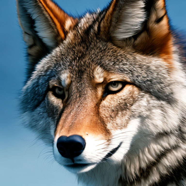 Detailed Close-up: Wolf with Piercing Eyes on Blue Sky