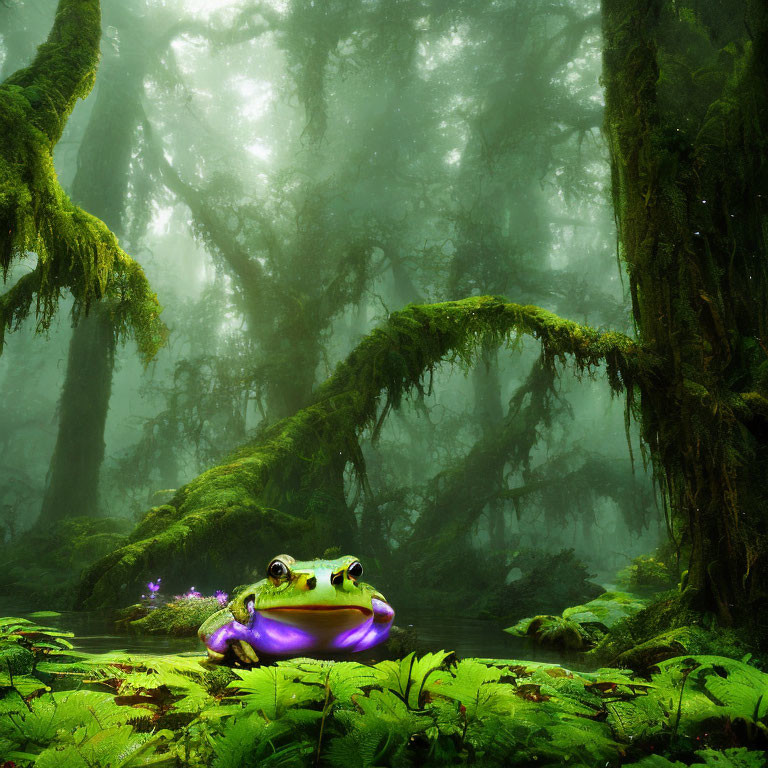 Green frog in misty forest with ferns and moss-covered trees