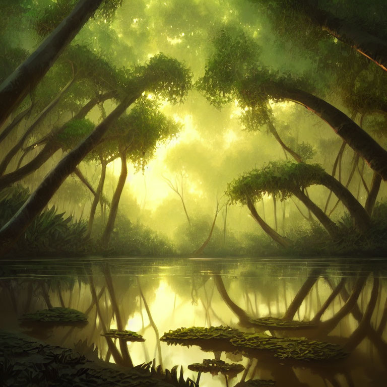 Tranquil pond reflects misty forest with bent trees & glowing light