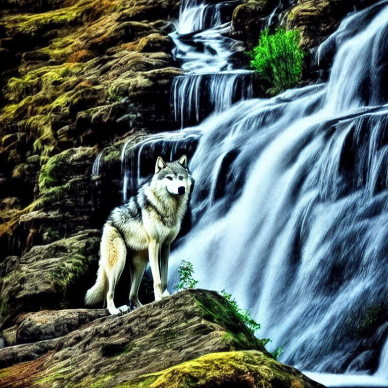 Majestic husky by waterfall in lush green setting