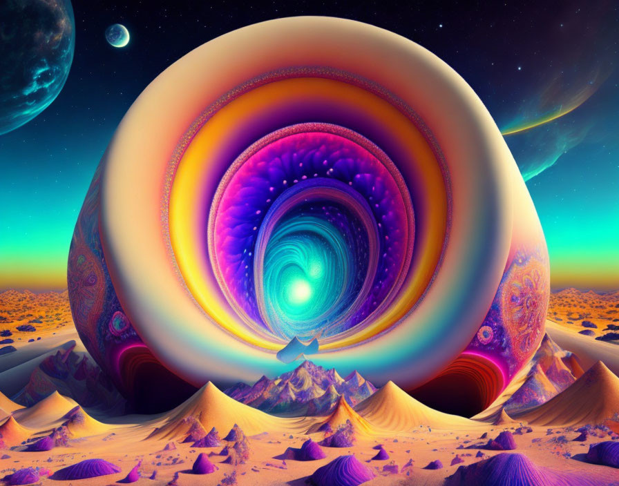 Colorful Surreal Landscape with Swirling Portal and Alien Sky