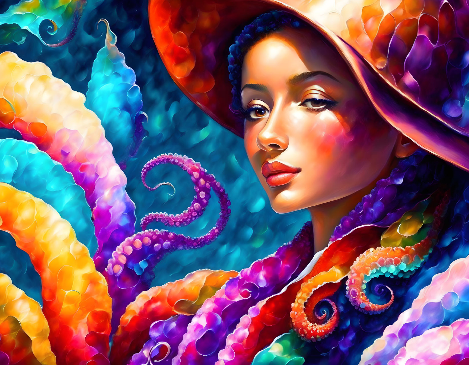 Colorful digital painting of woman with swirling tentacle patterns - underwater scene with psychedelic touch