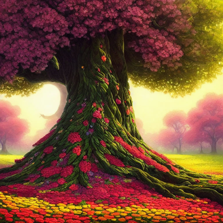 Vibrant magical tree with thick trunk and pink blossoms in colorful landscape