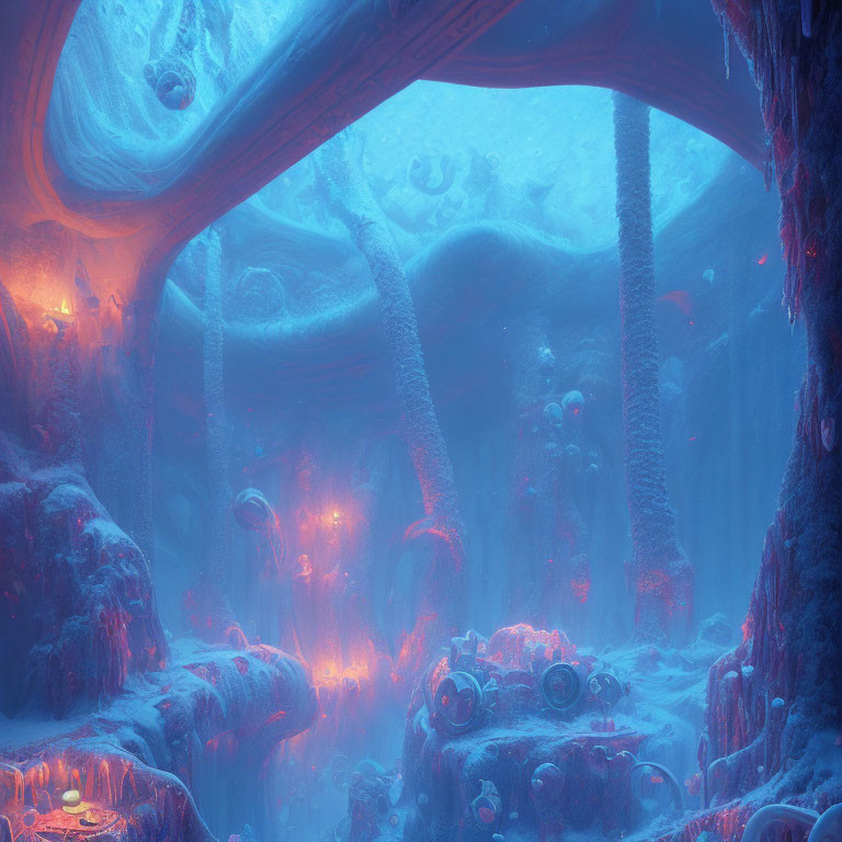 Ethereal underwater scene with glowing red flora and ancient ruins