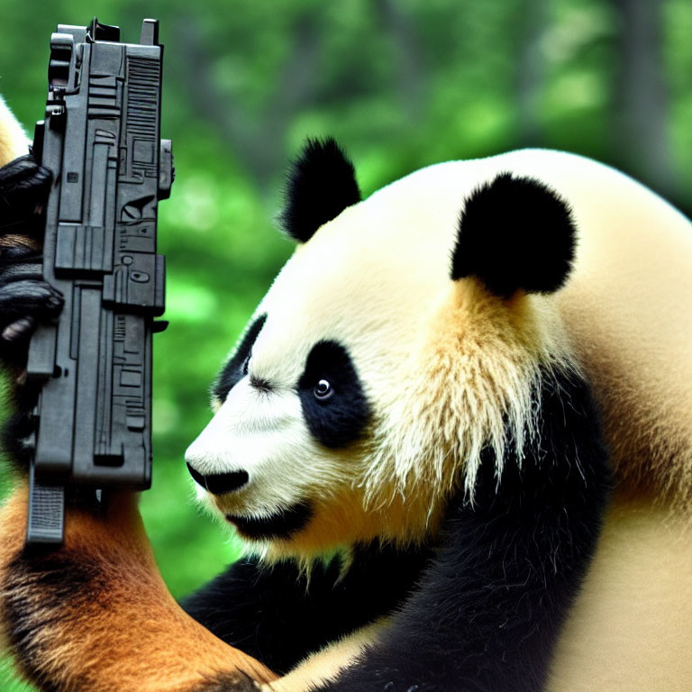 Panda Holding Gun in Green Foliage