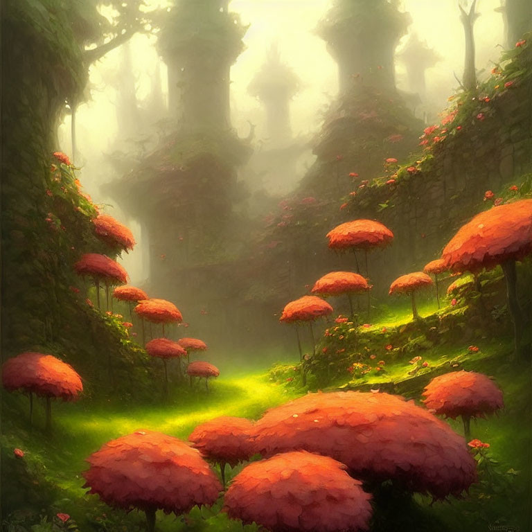 Enchanted forest with ancient ruins, mist, and red mushrooms