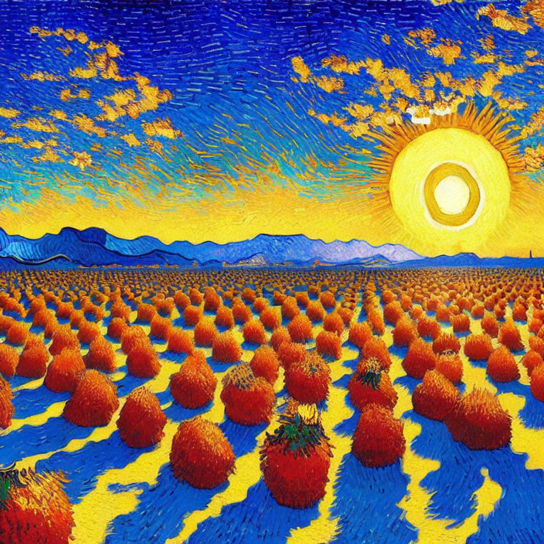 Colorful painting featuring swirling blue sky, bright yellow sun, orange trees, and blue mountains