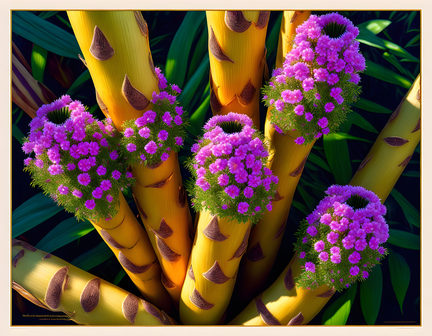 Vibrant purple flowers on variegated stalks with dark green foliage.