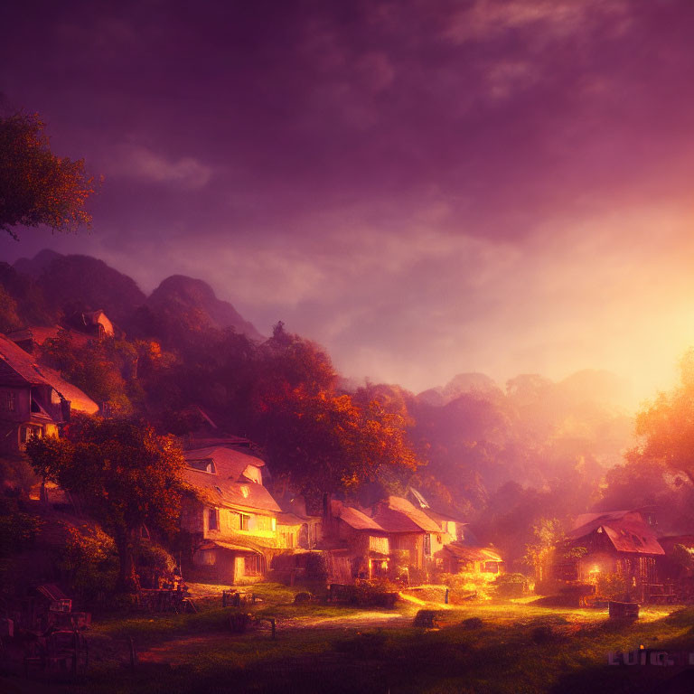 Tranquil village at sunset with warm light and misty mountains