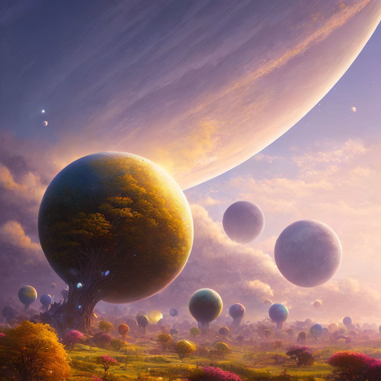 Large planet and floating spheres in surreal landscape at vibrant sunset