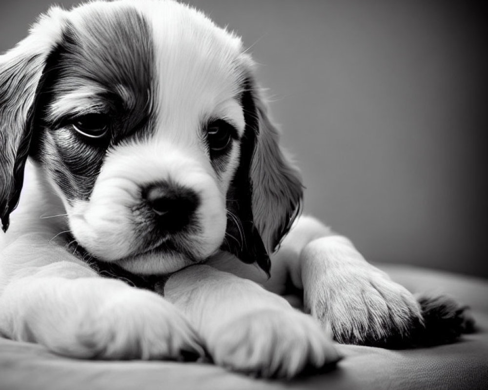 Monochrome picture of sad puppy with floppy ears and droopy eyes