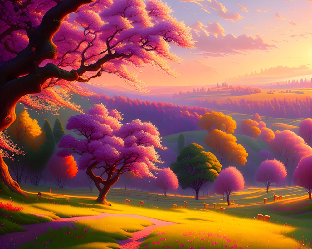 Pink Blossoming Trees and Sunset Glow in Peaceful Landscape