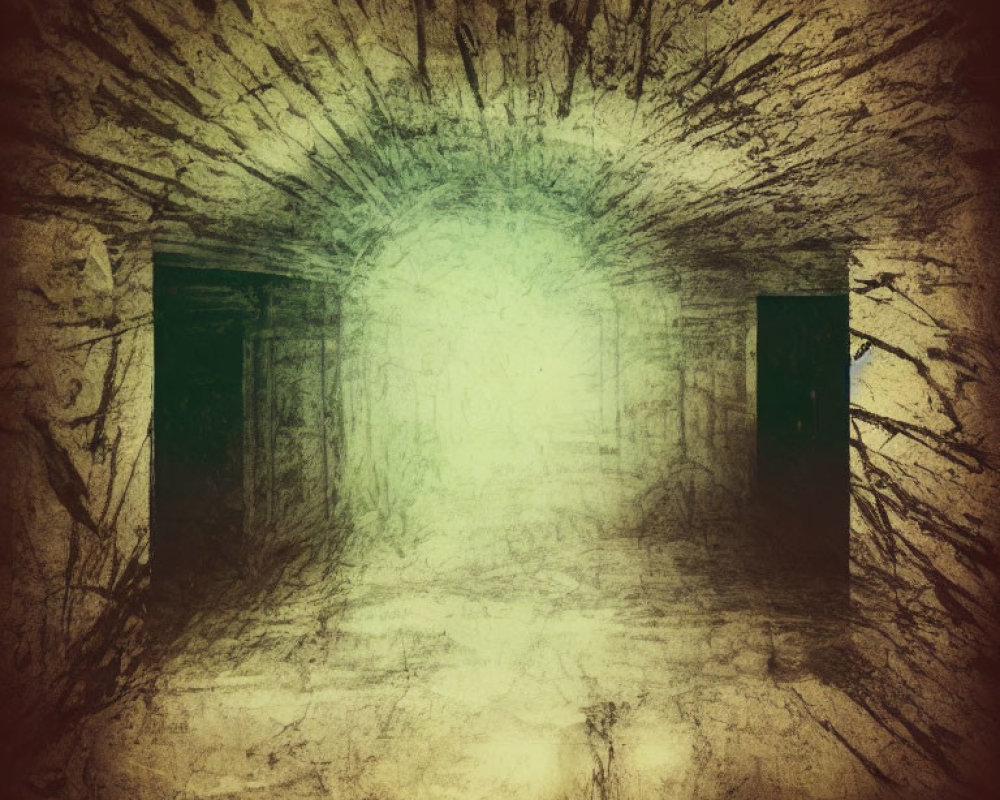 Eerie grunge tunnel with dark doorways and bright light