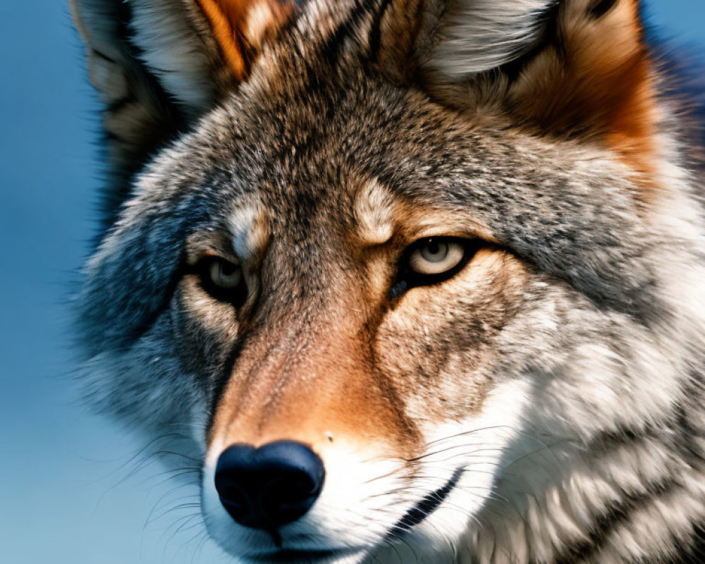 Detailed Close-up: Wolf with Piercing Eyes on Blue Sky